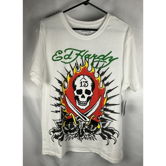 Ed Hardy Other - Ed Hardy Size L Free Forever Skull 13 Flames & Swords White‎ Graphic T Shirt NWT